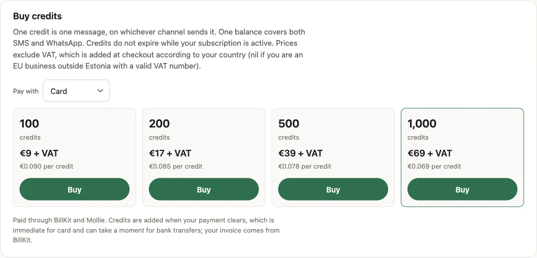An earlier layout of the credit packs: four bundles with their price and per-credit rate, under a payment method select that has since moved into the payment form