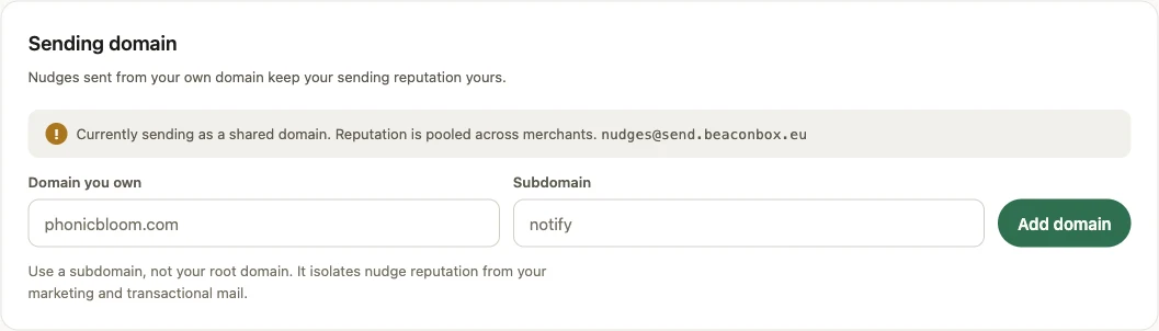 The sending domain panel before a domain is added: a notice that the account is sending on the shared domain, and the fields to add a subdomain of your own