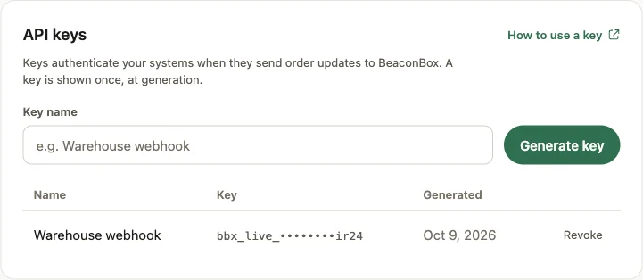 The API keys panel in Settings: a name field, the Generate key button, and the existing keys shown masked with the date each was created