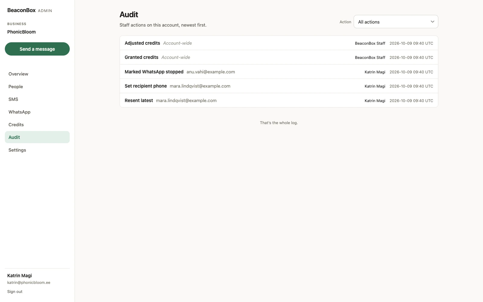 BeaconBox audit log: every staff and merchant action on the account, with who did it and when