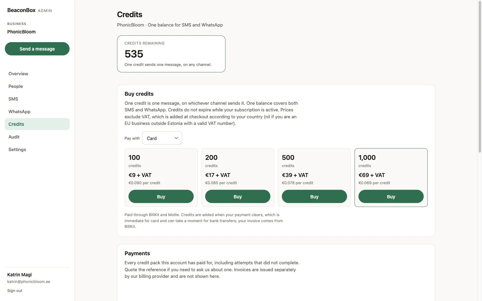 The BeaconBox Credits screen: the credits remaining that SMS and WhatsApp share, the four credit packs with their price and per-credit rate, and the start of the payment history