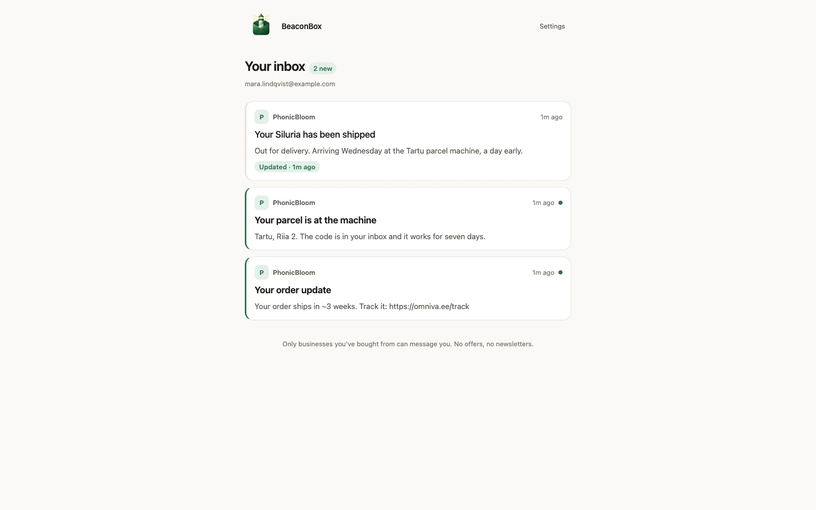 A customer's BeaconBox inbox: updates from one shop, newest first, each with the sender, how long ago and a dot for unread, and one tagged Updated where a later push rewrote it in place