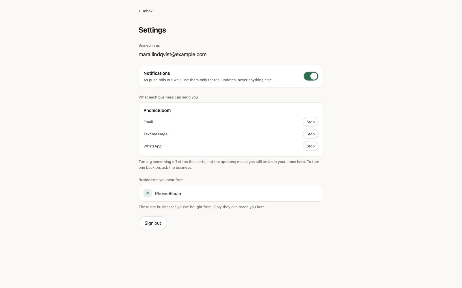 A customer's own settings: for each business that messages them, whether email, text and WhatsApp are allowed, with a note that turning one off stops the alerts and not the updates, and the list of businesses they hear from