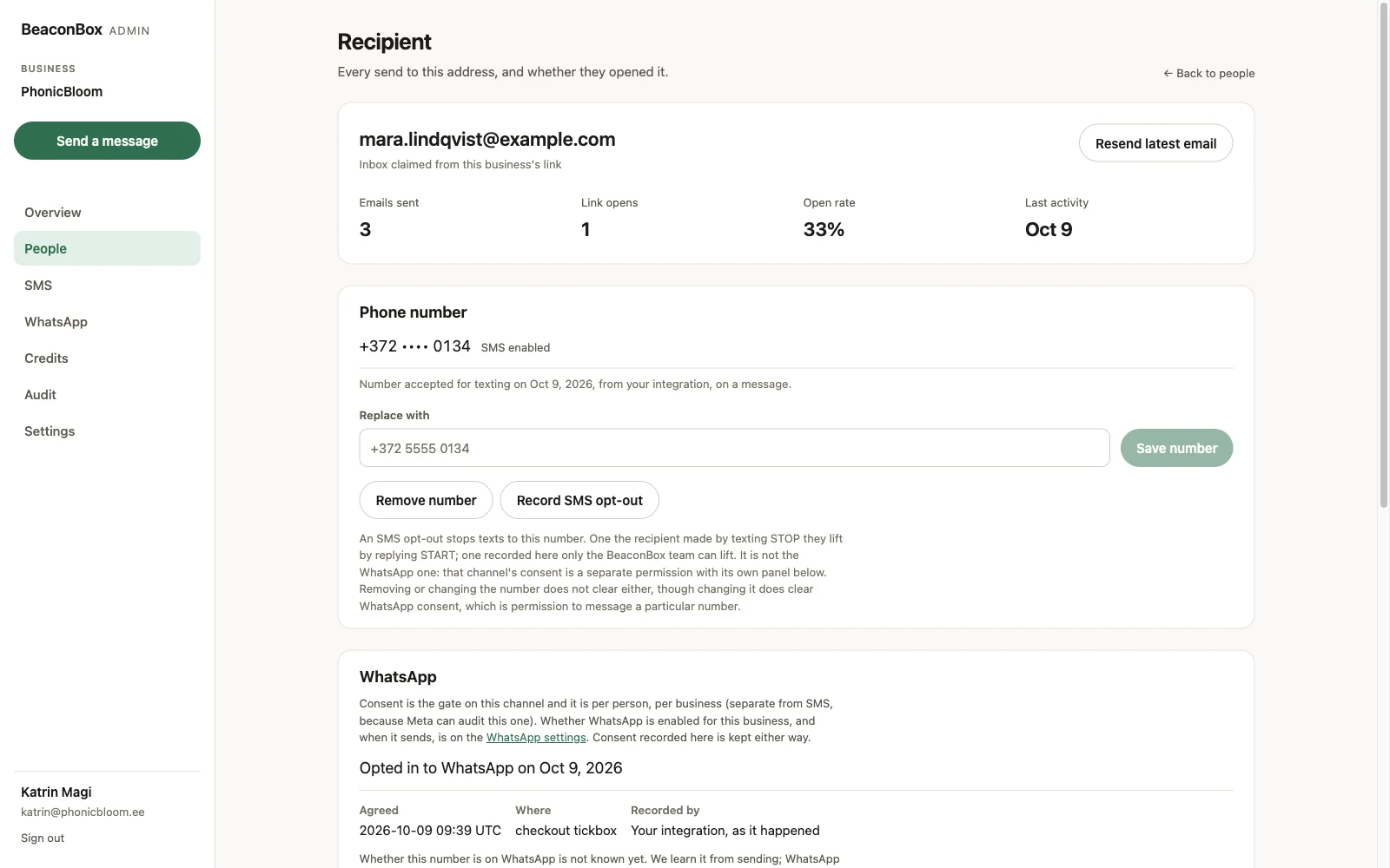 One recipient in the BeaconBox admin: emails sent, link opens, open rate and last activity, a Resend latest email button, the masked phone number with its replace and opt-out controls, and the WhatsApp consent panel below it
