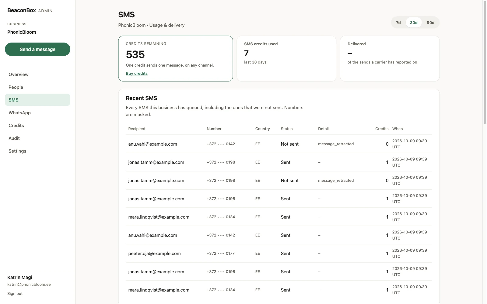 The BeaconBox SMS screen: the credits remaining that SMS and WhatsApp share, with a link to buy credits, the SMS credits used and delivered over the last 30 days, then the log of recent texts